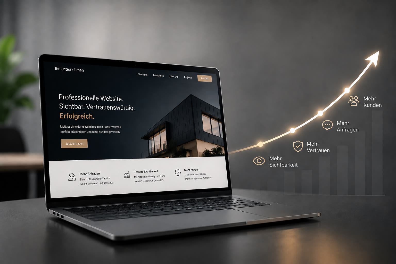 Laptop mit professioneller Website: Mehr Sichtbarkeit, mehr Vertrauen, mehr Anfragen, mehr Kunden